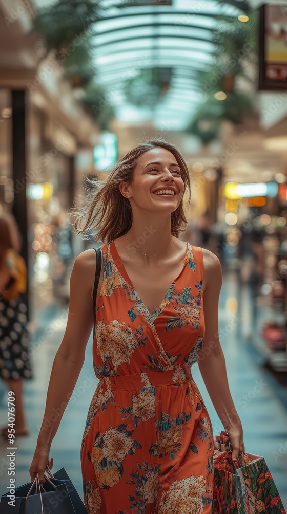 A smiling happy woman with bags walks through the mall A smiling happy woman with bags walks through the mall