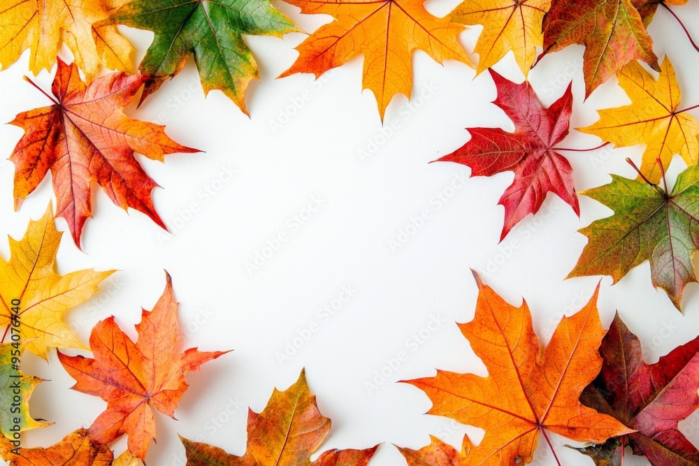 Autumn Maple Leaves Flat Lay White Background created with Generative AI Autumn Maple Leaves Flat Lay White Background created with Generative AI