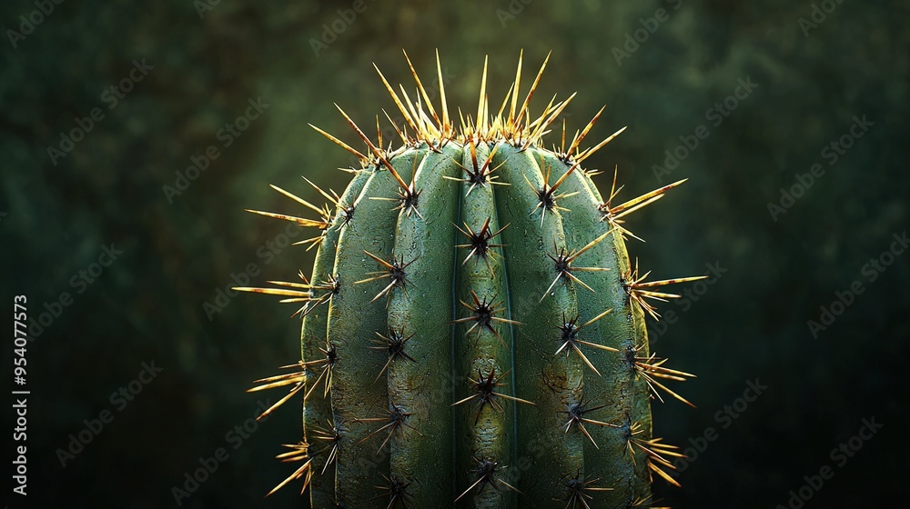   Close-up of a green cactus, featuring many spiky heads, against a blurry background