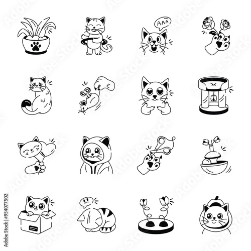 Set of Cat Toys Doodle Style Icons

