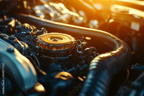 Close up of powerful v8 engine running at sunset