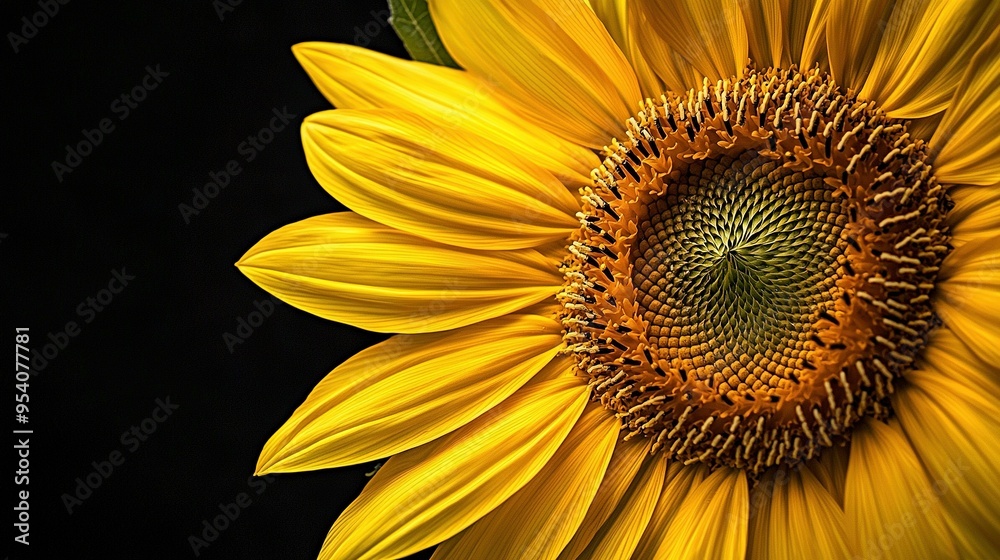 Close-up photo of a yellow sunflower against black backdrop, with the sun's center aligned with the flower's Close-up photo of a yellow sunflower against black backdrop, with the sun's center aligned with the flower's