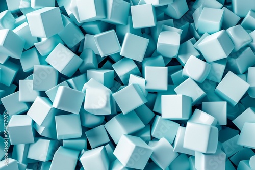 Pile of small, light blue cubes arranged in a chaotic formation with random rotations and soft shadows