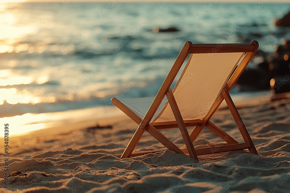 Empty beach chair relaxing on sandy beach at sunset Empty beach chair relaxing on sandy beach at sunset