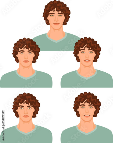 Handsome man face expression, set of illustrations isolated on white background. A boy emoji face, human expressions, set of male avatars with various emotions