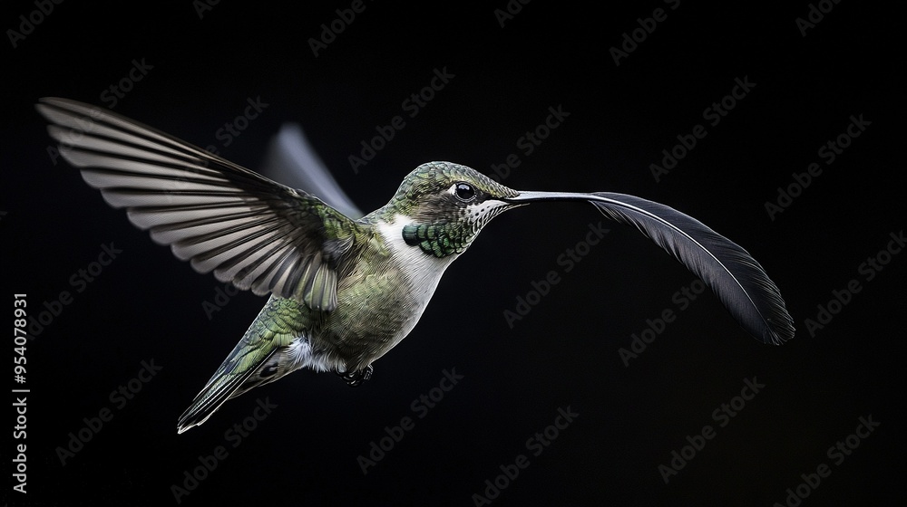 Fototapeta premium Hummingbird soaring, wings open, beak grazing the ground