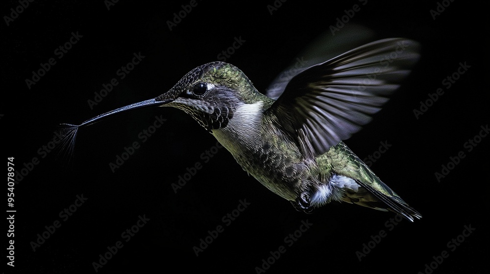 Fototapeta premium Hummingbird flies in the sky with wings spread and beak up