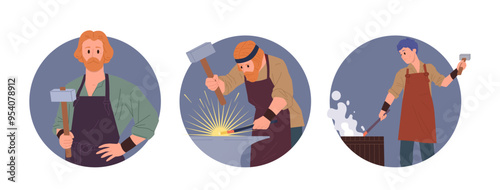 Isolated round composition set with professional blacksmith master cartoon characters at work