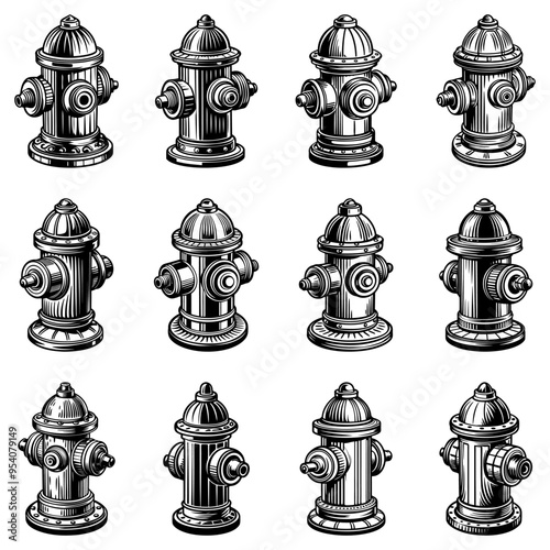 Fire hydrant icon hand drawn. Set of black and white fire hydrant icons isolated on white background. Vector illustration