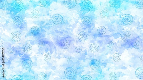  A watercolor painting with a blue and white theme, featuring swirling patterns in the center