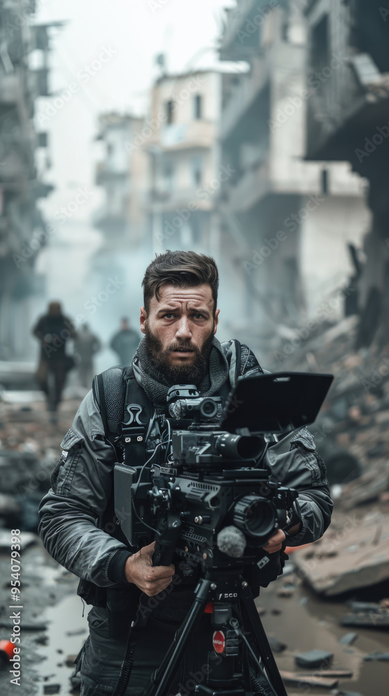 A cameraman focuses on recording amidst rubble and devastated buildings, with soldiers moving in the background under overcast skies A cameraman focuses on recording amidst rubble and devastated buildings, with soldiers moving in the background under overcast skies