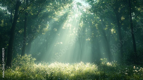  Sunlight filters through tree branches into a verdant forest of tall grasses and vibrant wildflowers on a bright summer's day