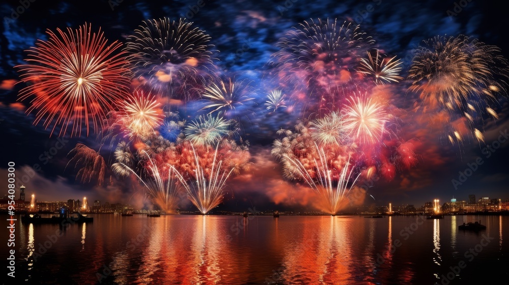 Fototapeta premium Spectacular Fireworks Display Illuminating City Waterfront at Night