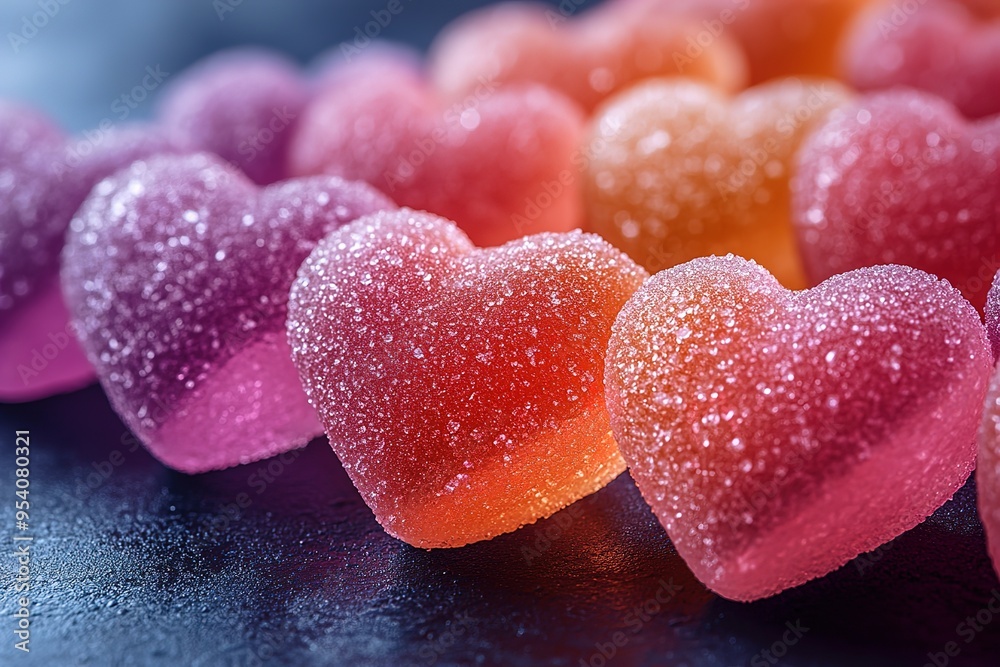 A row of colorful heart-shaped candies on a dark surface A row of colorful heart-shaped candies on a dark surface