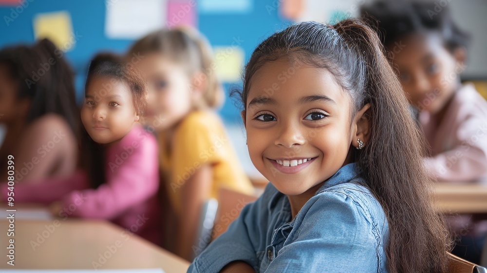 A group of young girls in a classroom setting smiling while engaging in learning activities during the school day A group of young girls in a classroom setting smiling while engaging in learning activities during the school day
