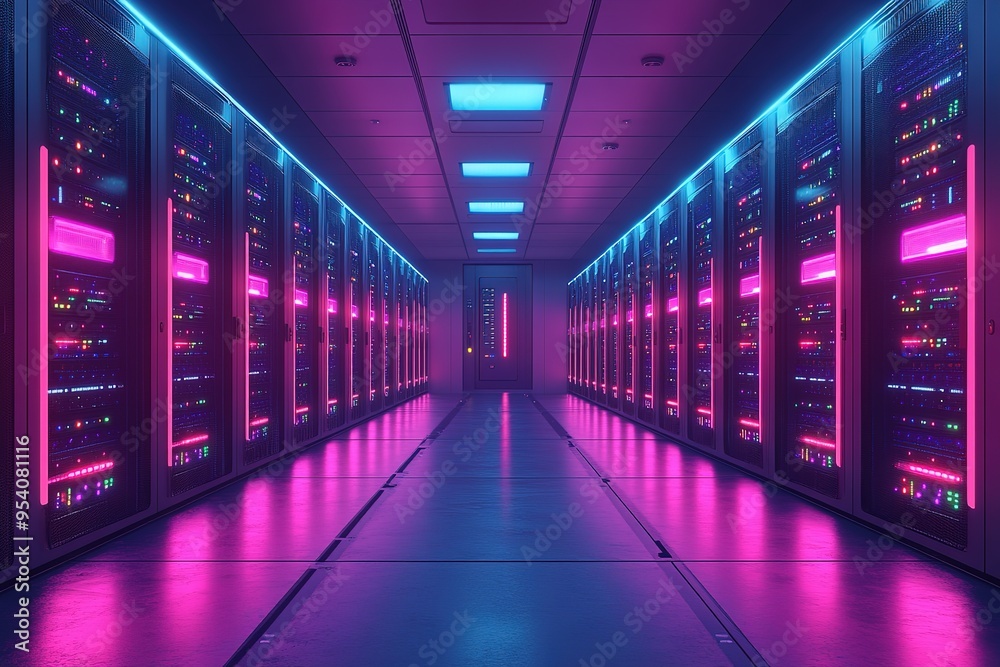 A neon pink and blue computer room with rows of servers A neon pink and blue computer room with rows of servers