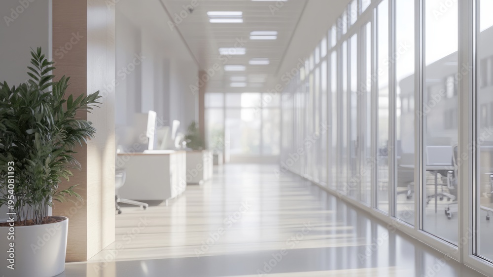 Fototapeta premium Blurred white modern glass office interior ideal for presentation backdrop