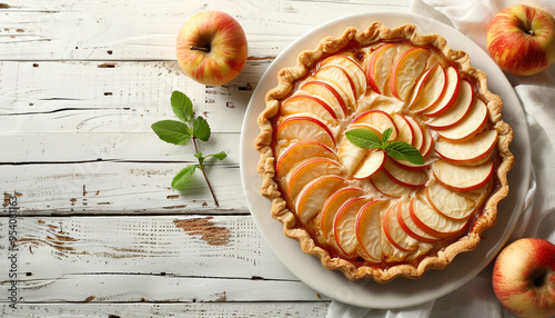 Tarte aux pommes on plate on light wooden table 