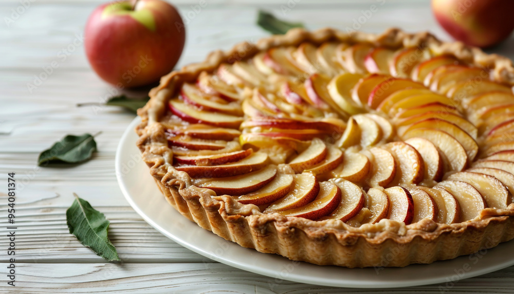 Tarte aux pommes on plate on light wooden table Tarte aux pommes on plate on light wooden table