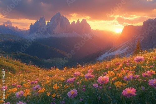 A beautiful field of flowers with a mountain in the background