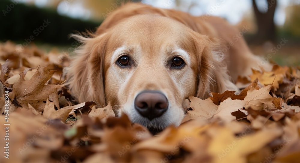 Golden retriever playing in vibrant autumn leaves outdoors in a closeup, capturing a playful fall moment. AI generated illustration. Golden retriever playing in vibrant autumn leaves outdoors in a closeup, capturing a playful fall moment. AI generated illustration.