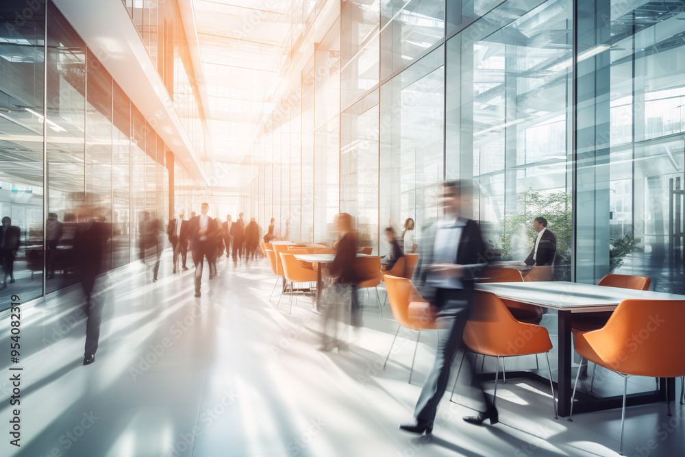 Bright business workplace with people in walking in blurred motion in modern office space Bright business workplace with people in walking in blurred motion in modern office space