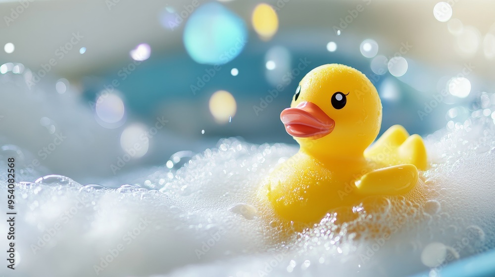 Bright yellow rubber duck floating in a bubbly bath surrounded by soft, shimmering light droplets during a relaxing moment Bright yellow rubber duck floating in a bubbly bath surrounded by soft, shimmering light droplets during a relaxing moment