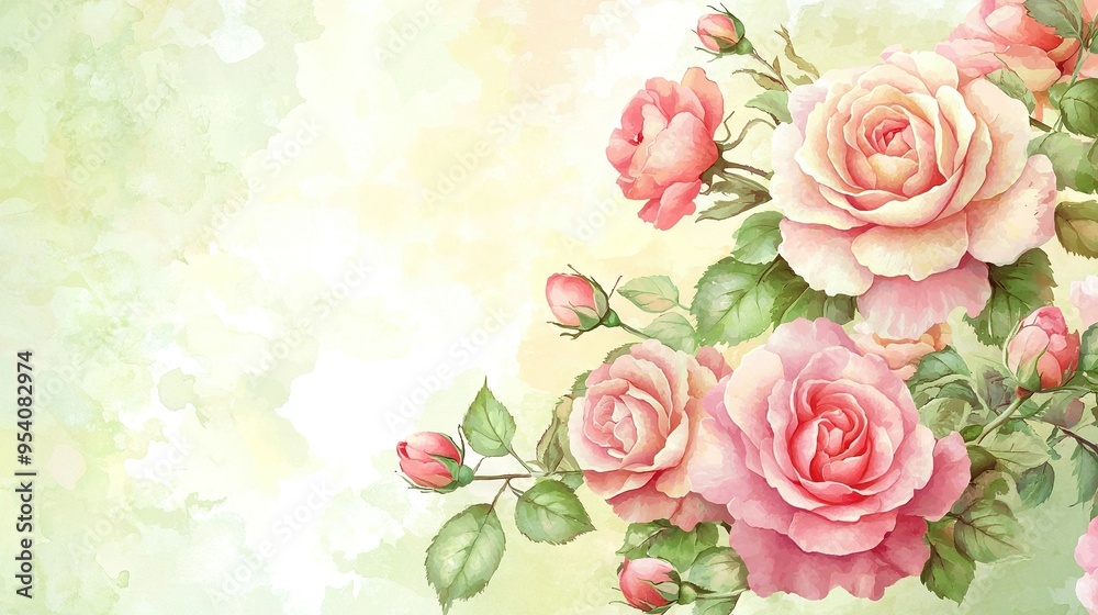A painting of pink roses against a watercolor backdrop with space for text A painting of pink roses against a watercolor backdrop with space for text