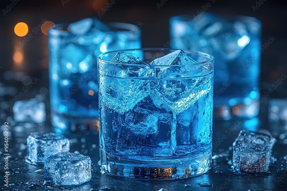 Three glasses of blue liquid with ice cubes in them Three glasses of blue liquid with ice cubes in them