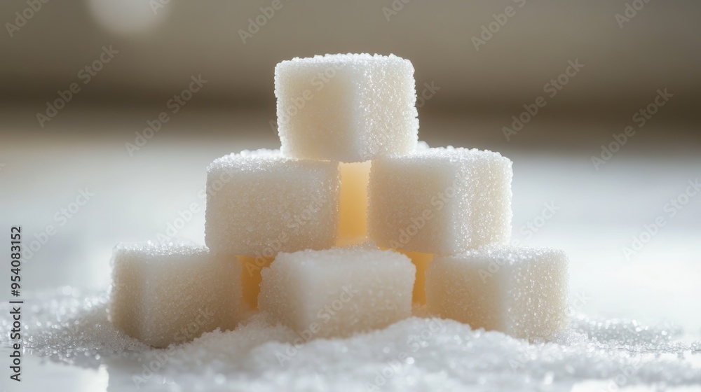 Sugar cubes arranged artistically on a textured surface, showcasing their shape and structure in a bright indoor setting Sugar cubes arranged artistically on a textured surface, showcasing their shape and structure in a bright indoor setting