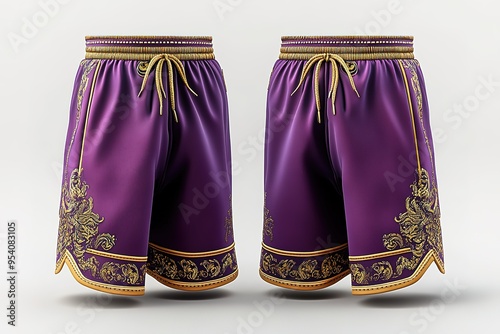 Two purple shorts with gold trim photo