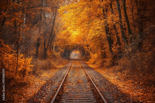 Autumn forest with old railway tracks surrounded by a tunnel of love, featuring golden trees and vibrant foliage. A stunning fall landscape showcasing nature's beauty. AI generated illustration.