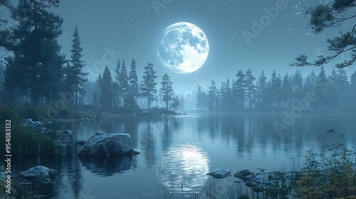   A lake surrounded by trees and rocks under a full moon's glow is the focus of this image photo