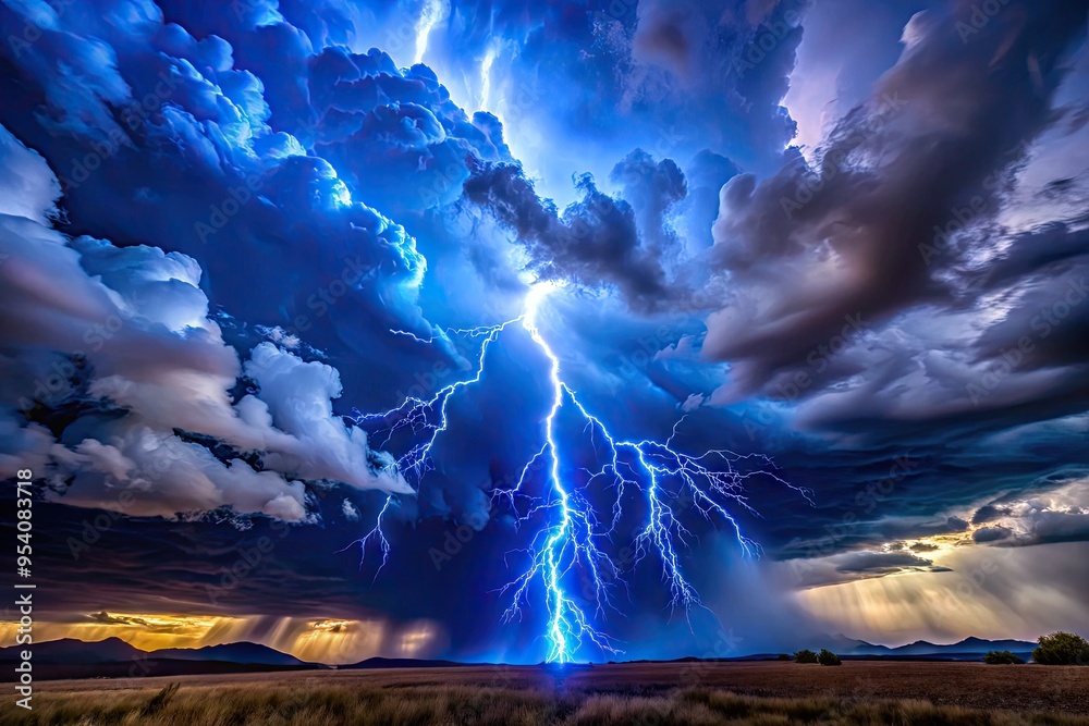Dramatic lightning bolt illuminates dark stormy sky with vibrant ...