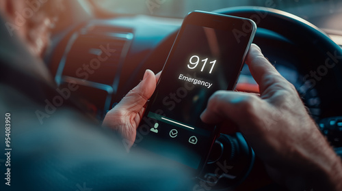 Car driver's hands holding mobile phone dialing 911 emergency number. Calling help concept. Shallow depth of field. photo