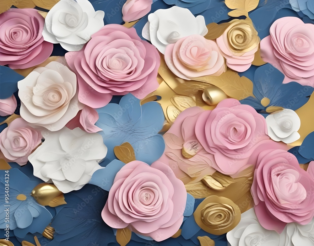 A vibrant background in pink, blue, and yellow features blooming roses, creating a lively and colorful scene with pops of floral elegance. A vibrant background in pink, blue, and yellow features blooming roses, creating a lively and colorful scene with pops of floral elegance.