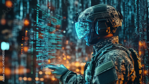 A soldier in futuristic combat gear stands ready, with a virtual interface and digital data streams illuminating his environment, capturing the essence of high-tech warfare