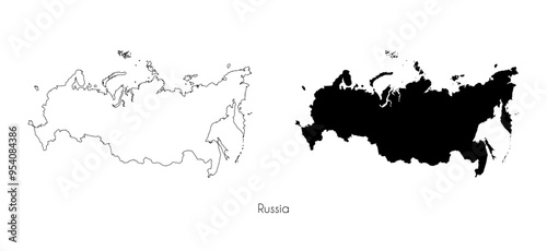 Highly detailed map of Russia on a white background. Isolated black map silhouette and outline map. Template for website, infographic, education, design, cover. Stock vector illustration.