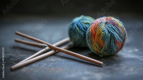 Colorful yarn balls and wooden knitting needles arranged on a dark surface in a cozy indoor setting