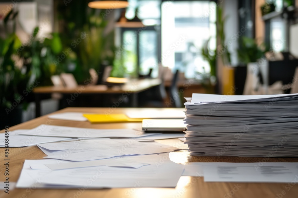 business office with research papers used for management plan, empty coworking space