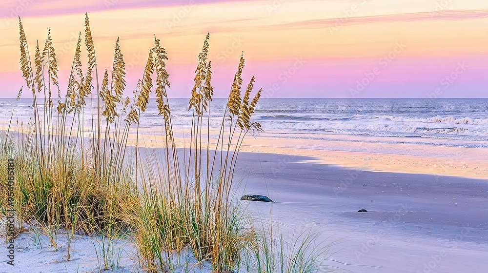  A serene scene of a sandy beach with sea oats in the foreground and a vibrant, pink-blue sky as the backdrop