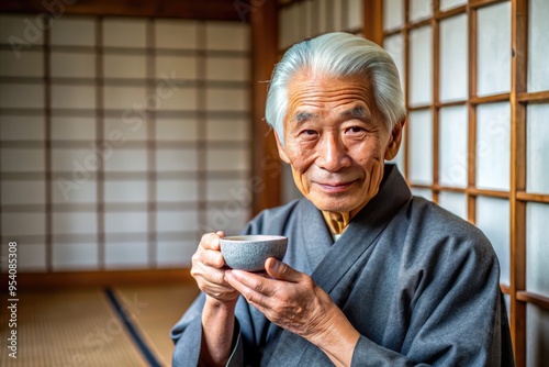 Elderly Asian man with wispy grey hair and kind eyes gently holds a delicate Japanese tea cup in a serene traditional tatami-mat room setting. photo