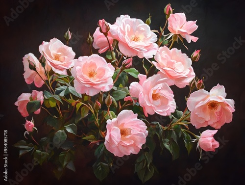 A stunning display of Rosa Damascena commonly known as Damask roses blooming vibrantly against a dark backdrop Picture a lush bush adorned with delicate pink petals enveloped in a rich roman