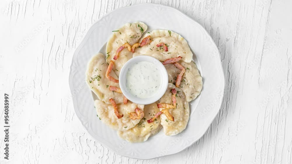 plate with dumplings, fried bacon and sour cream rotates top view on white wooden background plate with dumplings, fried bacon and sour cream rotates top view on white wooden background