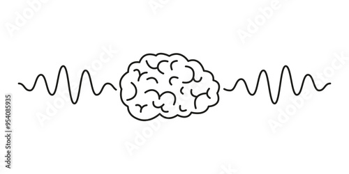 Human brain scan with line wave icon. Pulse wave in study neurology. Brain scan highlights neurology, where wave impulse maps the minds health and activity. Vector illustration