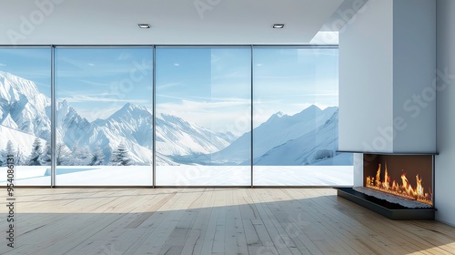 Modern living room with large windows overlooking snowy mountains and a fireplace with a crackling fire.