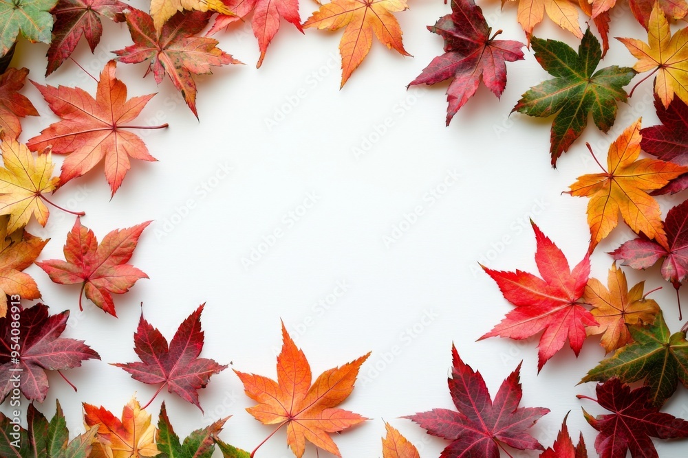 Autumn Maple Leaves Flat Lay White Background created with Generative AI Autumn Maple Leaves Flat Lay White Background created with Generative AI