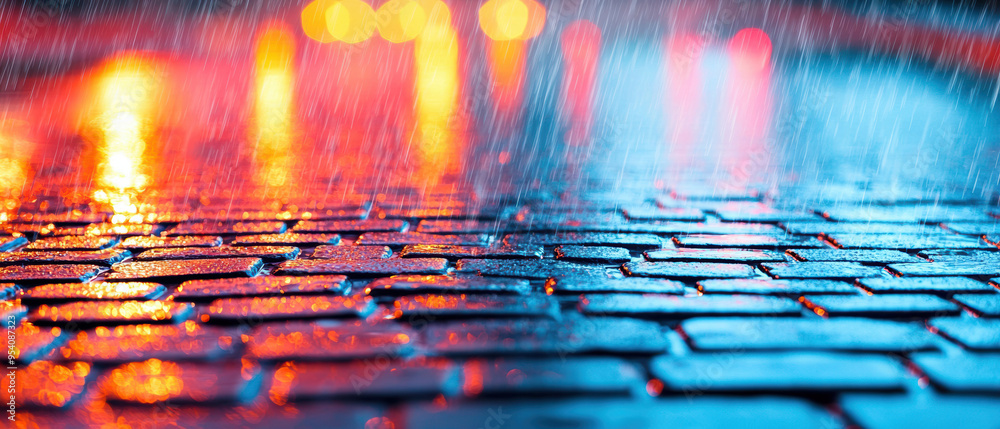 Light rain falling on a city street at night, wet weather, reflections on the pavement