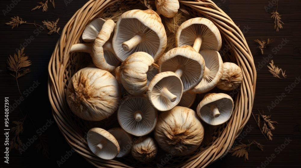 Mushrooms in a wicker basket close-up. Mushroom harvest in autumn. Collect mushrooms. Forest mushroom, champignon, porcini mushroom. Forest mushrooms in a basket. Mushrooms in a wicker basket close-up. Mushroom harvest in autumn. Collect mushrooms. Forest mushroom, champignon, porcini mushroom. Forest mushrooms in a basket.