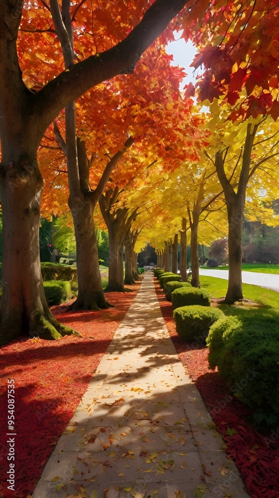 Naklejka premium a serene walkway On either side, a majestic maple tree walkway